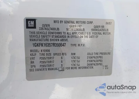 2007 GMC Yukon Xl 1500 Slt from USA, damaged, VIN 1GKFK16357R390647
